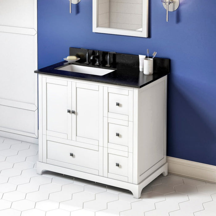 Jeffrey Alexander 36" White Addington Vanity, left offset, Black Granite Vanity Top, undermount rectangle bowl