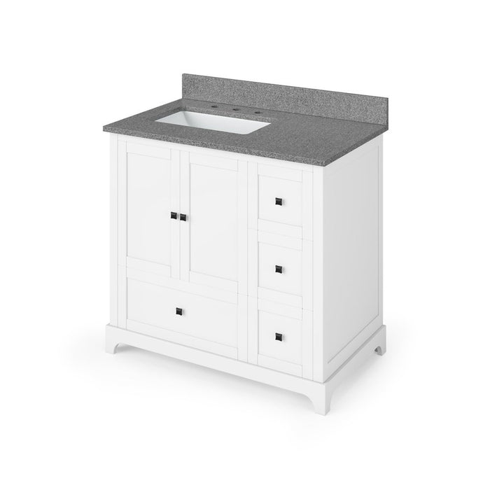 Jeffrey Alexander 36" White Addington Vanity, left offset, Steel Grey Cultured Marble Vanity Top, undermount rectangle bowl