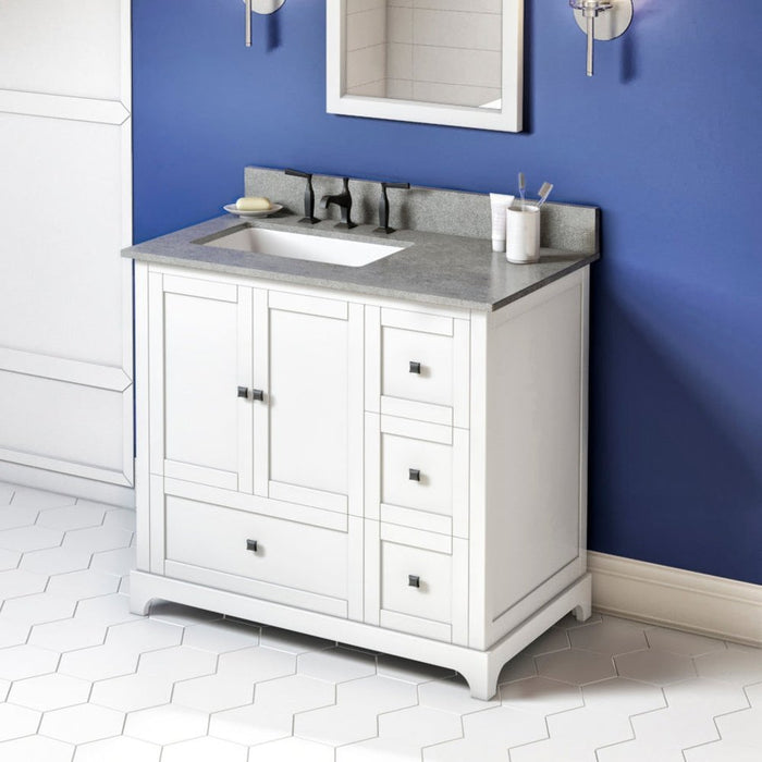 Jeffrey Alexander 36" White Addington Vanity, left offset, Steel Grey Cultured Marble Vanity Top, undermount rectangle bowl