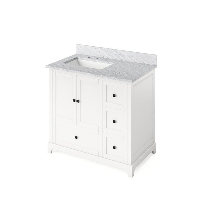 Jeffrey Alexander 36" White Addington Vanity, left offset, White Carrara Marble Vanity Top, undermount rectangle bowl