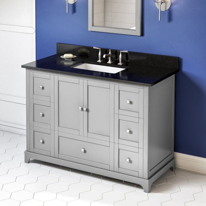 Jeffrey Alexander 48" Grey Addington Vanity, Black Granite Vanity Top, undermount rectangle bowl