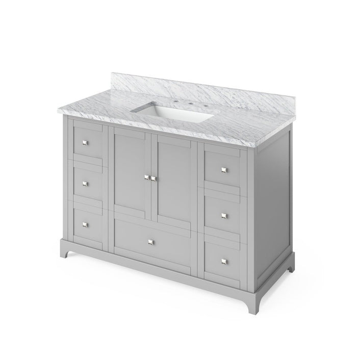 Jeffrey Alexander 48" Grey Addington Vanity, White Carrara Marble Vanity Top, undermount rectangle bowl