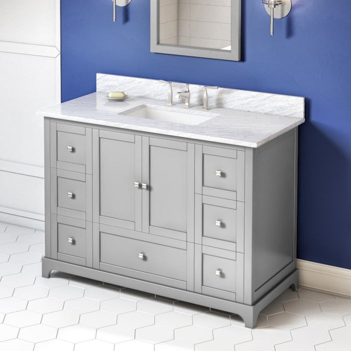 Jeffrey Alexander 48" Grey Addington Vanity, White Carrara Marble Vanity Top, undermount rectangle bowl