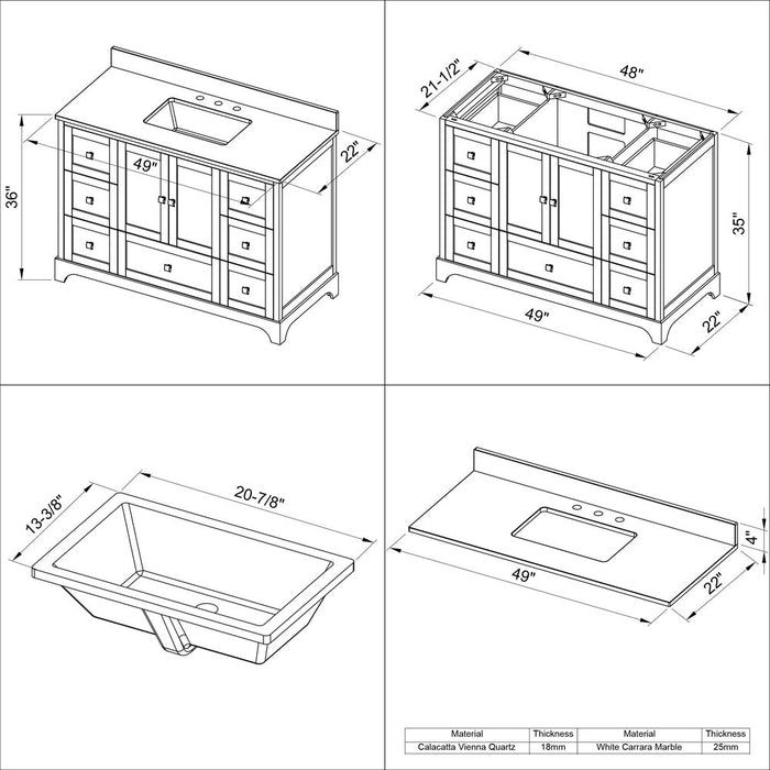 Jeffrey Alexander 48" White Addington Vanity, White Carrara Marble Vanity Top, undermount rectangle bowl