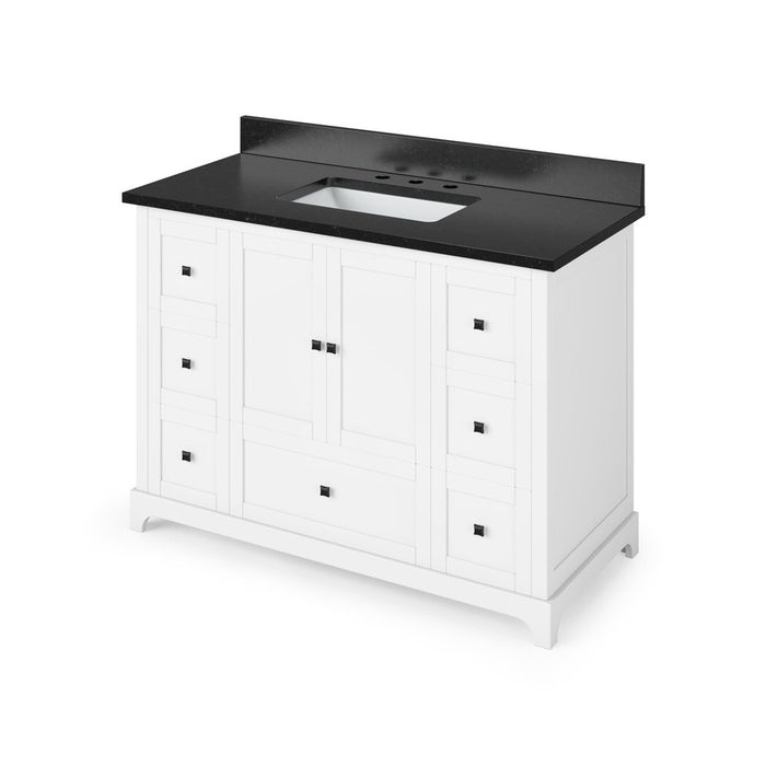 Jeffrey Alexander 48" White Addington Vanity, Black Granite Vanity Top, undermount rectangle bowl