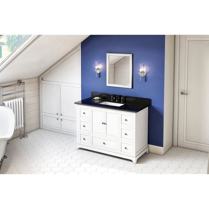 Jeffrey Alexander 48" White Addington Vanity, Black Granite Vanity Top, undermount rectangle bowl