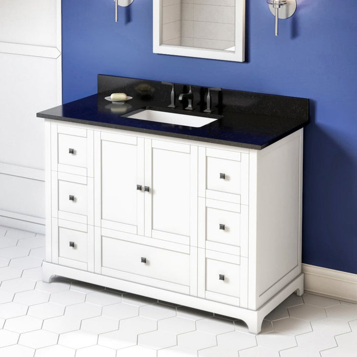 Jeffrey Alexander 48" White Addington Vanity, Black Granite Vanity Top, undermount rectangle bowl