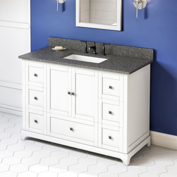 Jeffrey Alexander 48" White Addington Vanity, Boulder Cultured Marble Vanity Top, undermount rectangle bowl