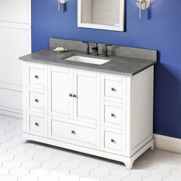 Jeffrey Alexander 48" White Addington Vanity, Steel Grey Cultured Marble Vanity Top, undermount rectangle bowl