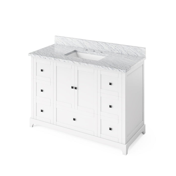 Jeffrey Alexander 48" White Addington Vanity, White Carrara Marble Vanity Top, undermount rectangle bowl