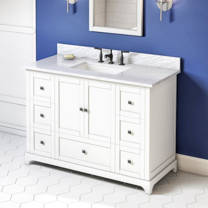 Jeffrey Alexander 48" White Addington Vanity, White Carrara Marble Vanity Top, undermount rectangle bowl