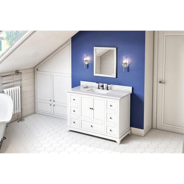 Jeffrey Alexander 48" White Addington Vanity, White Carrara Marble Vanity Top, undermount rectangle bowl