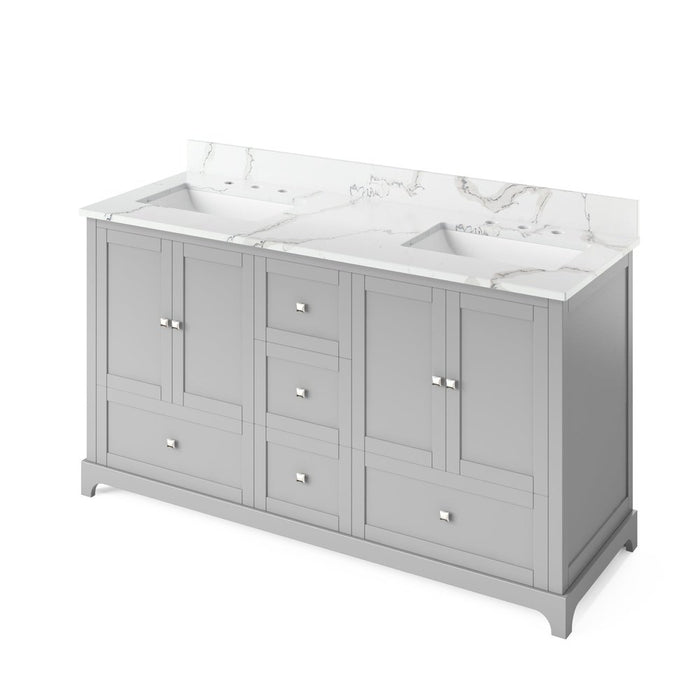 Jeffrey Alexander 60" Grey Addington Vanity, double bowl, Calacatta Vienna Quartz Vanity Top, two undermount rectangle bowls