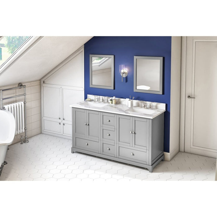 Jeffrey Alexander 60" Grey Addington Vanity, double bowl, Calacatta Vienna Quartz Vanity Top, two undermount rectangle bowls