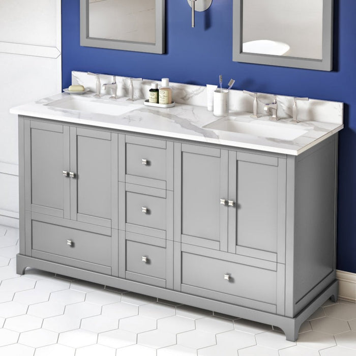 Jeffrey Alexander 60" Grey Addington Vanity, double bowl, Calacatta Vienna Quartz Vanity Top, two undermount rectangle bowls