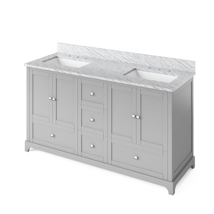 Jeffrey Alexander 60" Grey Addington Vanity, double bowl, White Carrara Marble Vanity Top, two undermount rectangle bowls