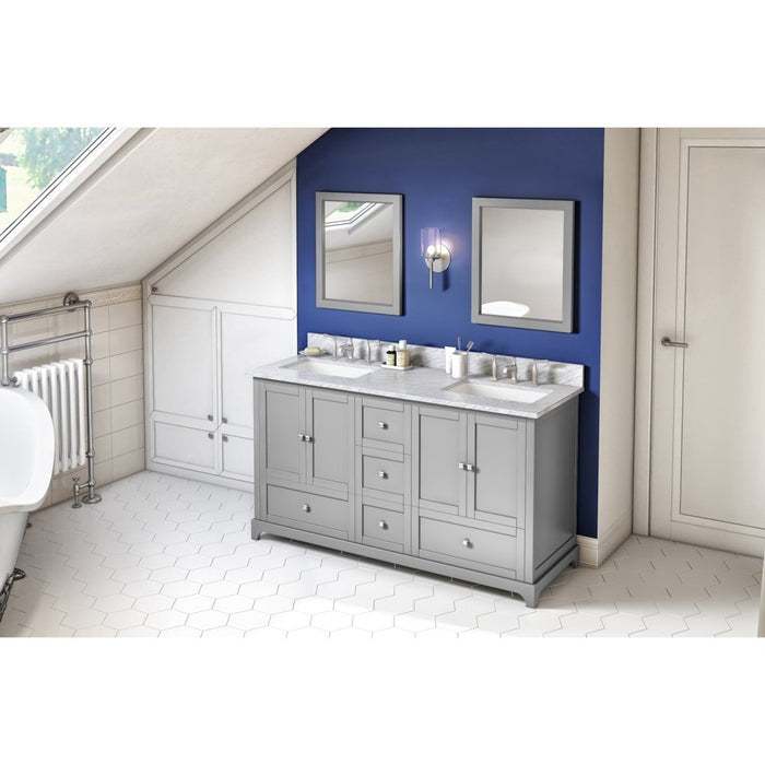 Jeffrey Alexander 60" Grey Addington Vanity, double bowl, White Carrara Marble Vanity Top, two undermount rectangle bowls