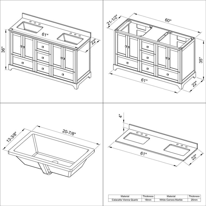 Jeffrey Alexander 60" White Addington Vanity, double bowl, Calacatta Vienna Quartz Vanity Top, two undermount rectangle bowls