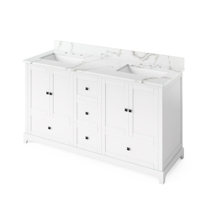 Jeffrey Alexander 60" White Addington Vanity, double bowl, Calacatta Vienna Quartz Vanity Top, two undermount rectangle bowls