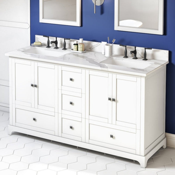 Jeffrey Alexander 60" White Addington Vanity, double bowl, Calacatta Vienna Quartz Vanity Top, two undermount rectangle bowls