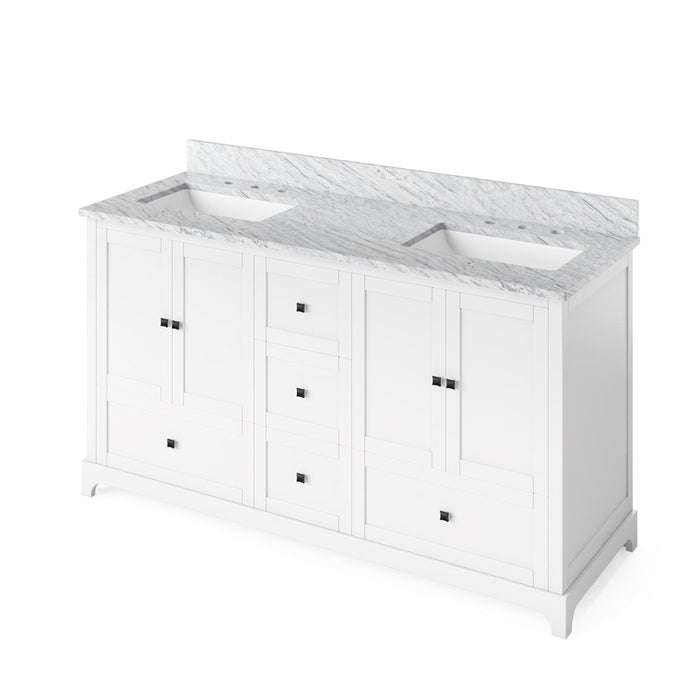 Jeffrey Alexander 60" White Addington Vanity, double bowl, White Carrara Marble Vanity Top, two undermount rectangle bowls