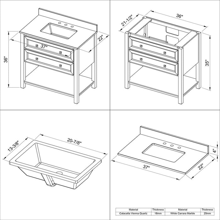 Jeffrey Alexander 36" White Adler Vanity, Calacatta Vienna Quartz Vanity Top, undermount rectangle bowl