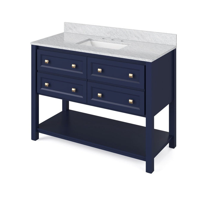 Jeffrey Alexander 48" Hale Blue Adler Vanity, White Carrara Marble Vanity Top, undermount rectangle bowl