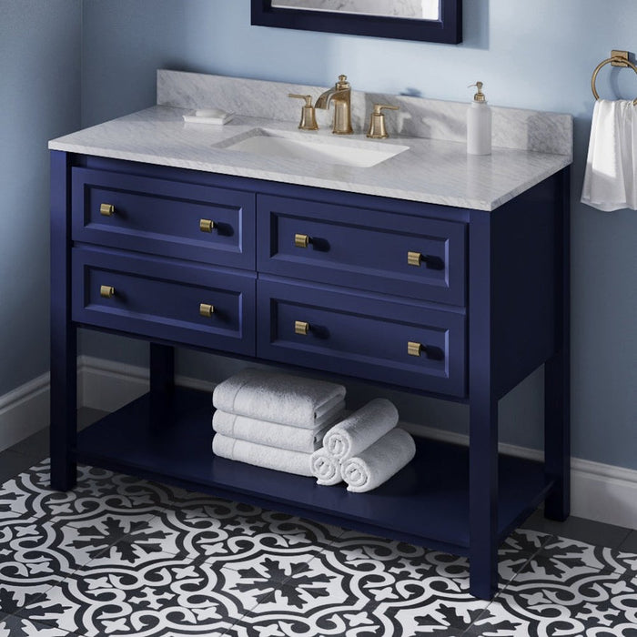 Jeffrey Alexander 48" Hale Blue Adler Vanity, White Carrara Marble Vanity Top, undermount rectangle bowl