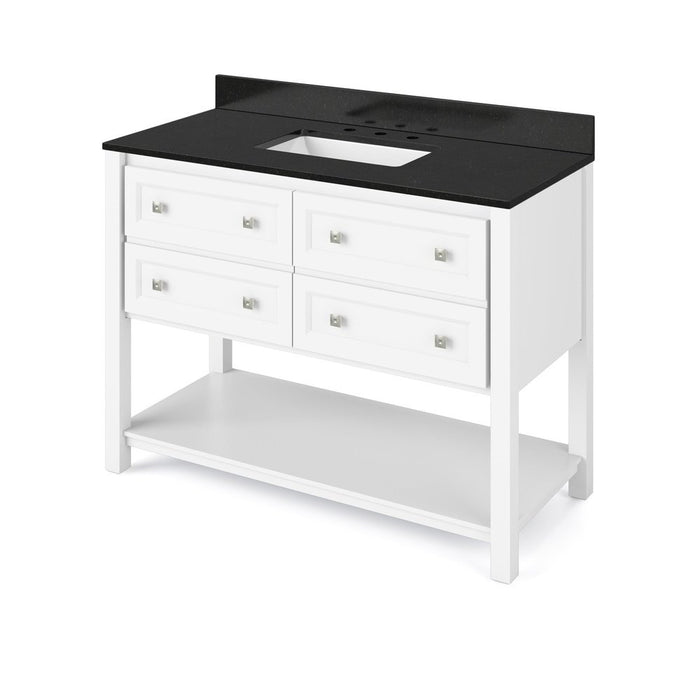 Jeffrey Alexander 48" White Adler Vanity, Black Granite Vanity Top, undermount rectangle bowl