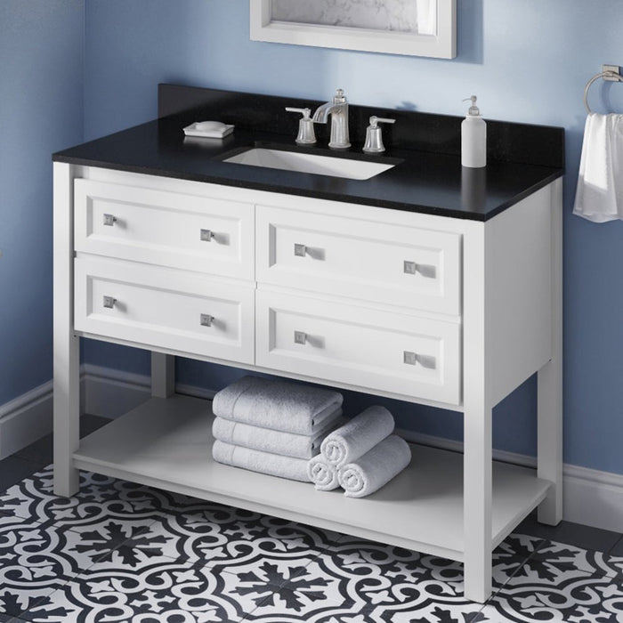 Jeffrey Alexander 48" White Adler Vanity, Black Granite Vanity Top, undermount rectangle bowl