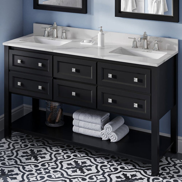 Jeffrey Alexander 60" Black Adler Vanity, double bowl, Calacatta Vienna Quartz Vanity Top, two undermount rectangle bowls