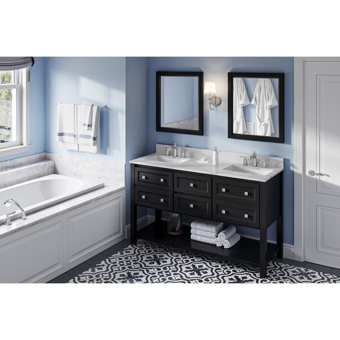 Jeffrey Alexander 60" Black Adler Vanity, double bowl, Calacatta Vienna Quartz Vanity Top, two undermount rectangle bowls