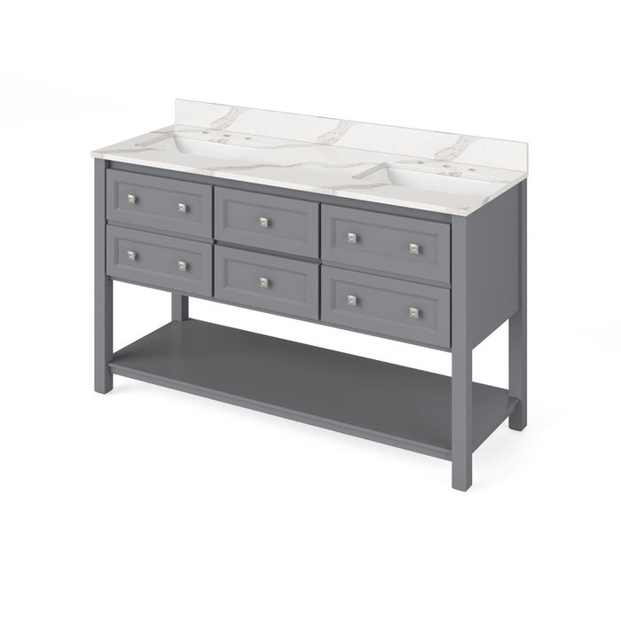 Jeffrey Alexander 60" Grey Adler Vanity, double bowl, Calacatta Vienna Quartz Vanity Top, two undermount rectangle bowls