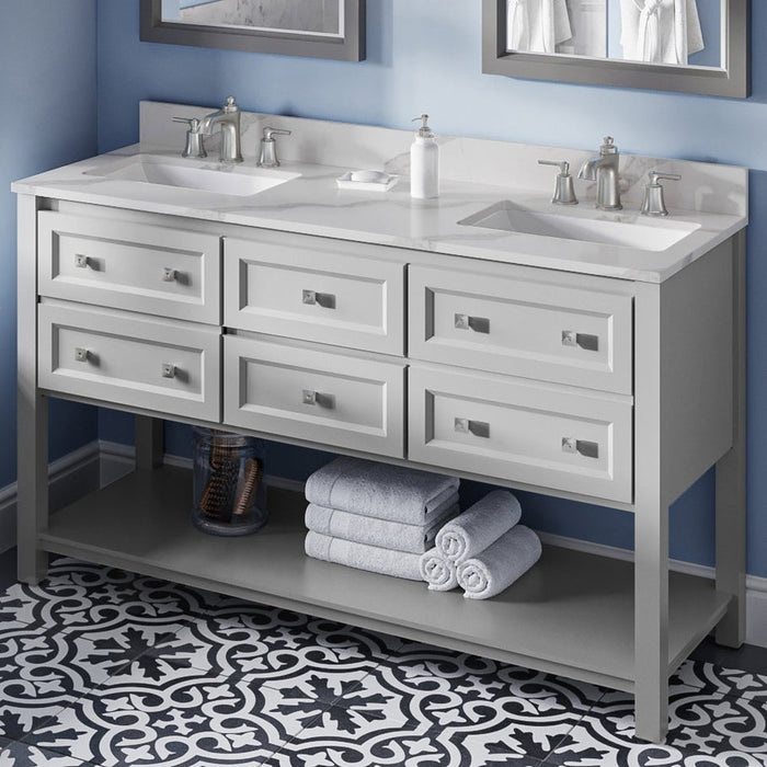 Jeffrey Alexander 60" Grey Adler Vanity, double bowl, Calacatta Vienna Quartz Vanity Top, two undermount rectangle bowls