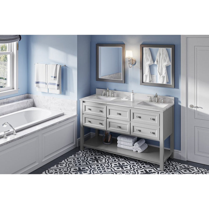 Jeffrey Alexander 60" Grey Adler Vanity, double bowl, Calacatta Vienna Quartz Vanity Top, two undermount rectangle bowls