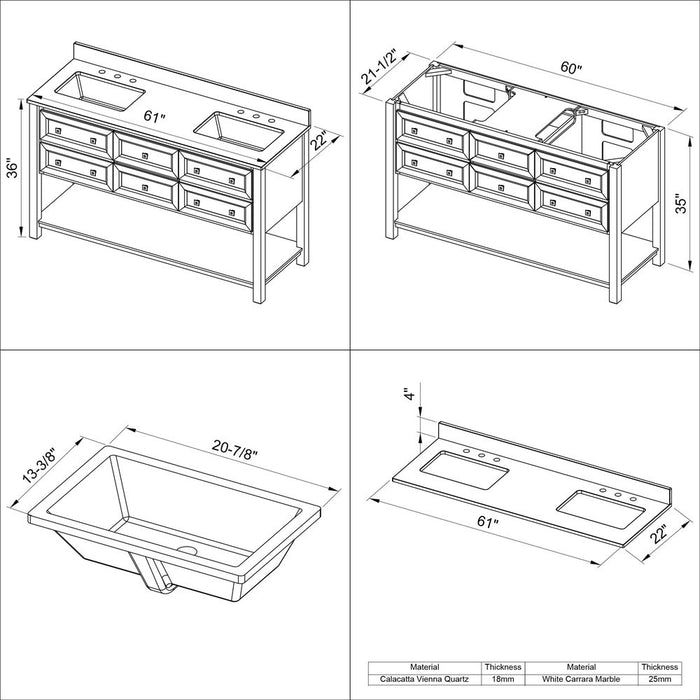 Jeffrey Alexander 60" Black Adler Vanity, double bowl, Calacatta Vienna Quartz Vanity Top, two undermount rectangle bowls