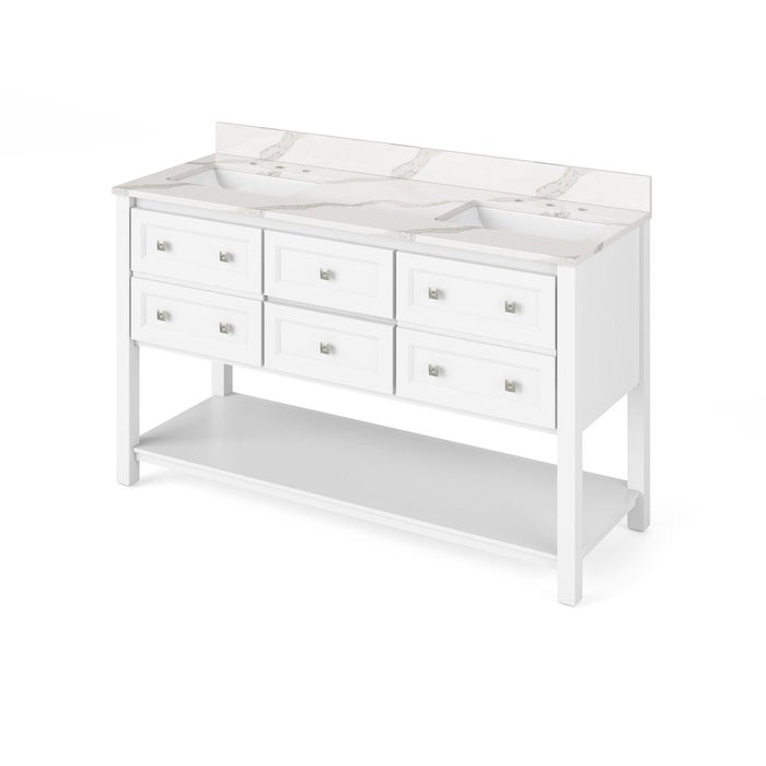 Jeffrey Alexander 60" White Adler Vanity, double bowl, Calacatta Vienna Quartz Vanity Top, two undermount rectangle bowls