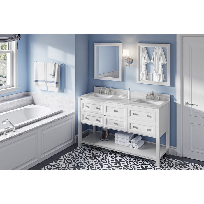 Jeffrey Alexander 60" White Adler Vanity, double bowl, Calacatta Vienna Quartz Vanity Top, two undermount rectangle bowls