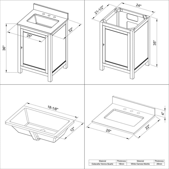 Jeffrey Alexander 24" White Astoria Vanity, Steel Grey Cultured Marble Vanity Top, undermount rectangle bowl