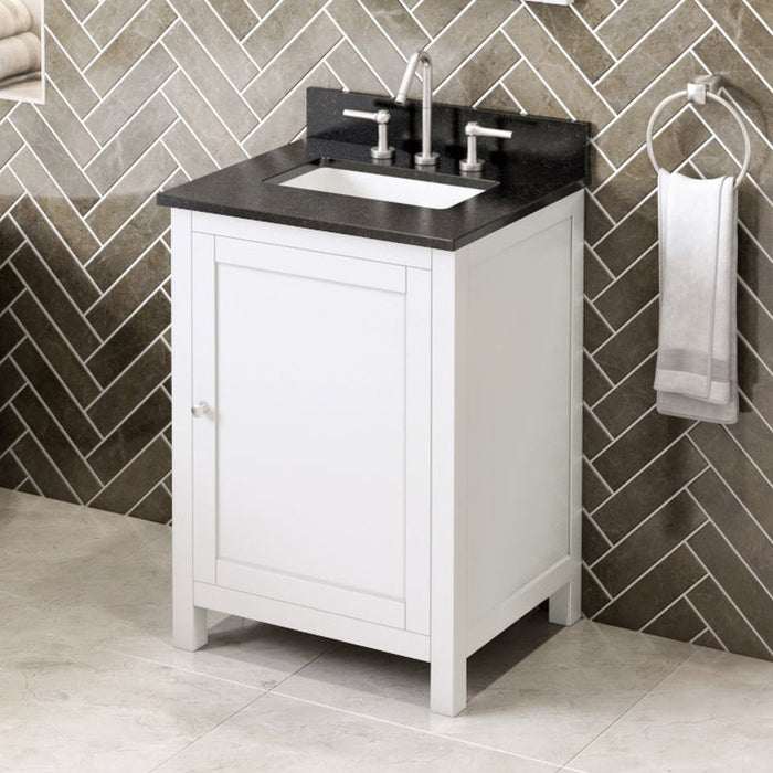 Jeffrey Alexander 24" White Astoria Vanity, Black Granite Vanity Top, undermount rectangle bowl