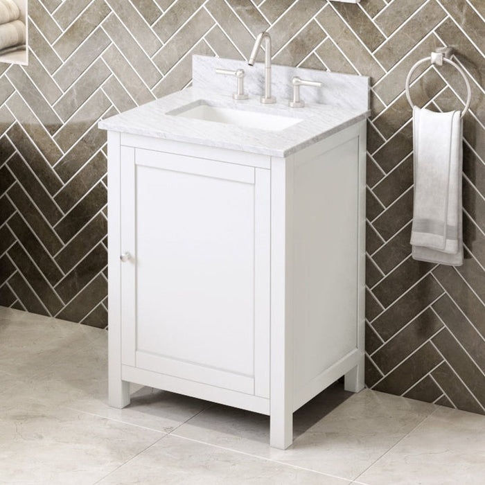 Jeffrey Alexander 24" White Astoria Vanity, White Carrara Marble Vanity Top, undermount rectangle bowl