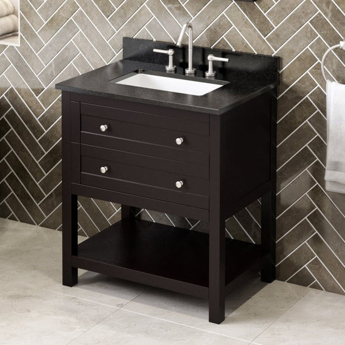 Jeffrey Alexander 30" Espresso Astoria Vanity, Black Granite Vanity Top, undermount rectangle bowl