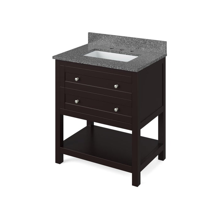 Jeffrey Alexander 30" Espresso Astoria Vanity, Boulder Cultured Marble Vanity Top, undermount rectangle bowl