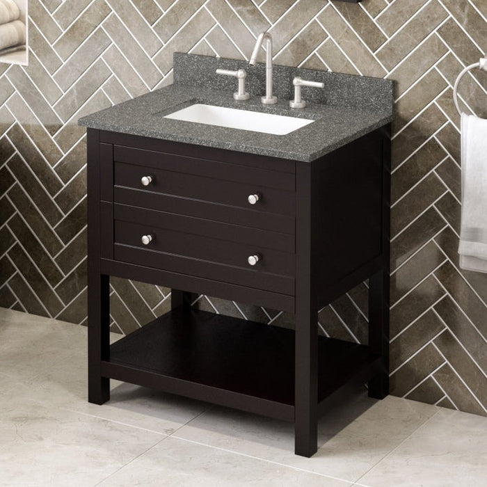 Jeffrey Alexander 30" Espresso Astoria Vanity, Boulder Cultured Marble Vanity Top, undermount rectangle bowl