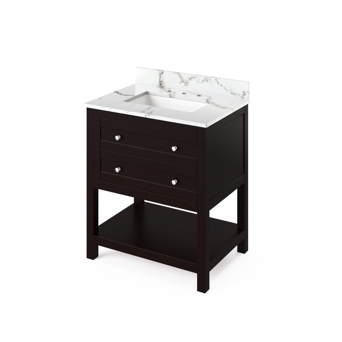 Jeffrey Alexander 30" Espresso Astoria Vanity, Calacatta Vienna Quartz Vanity Top, undermount rectangle bowl