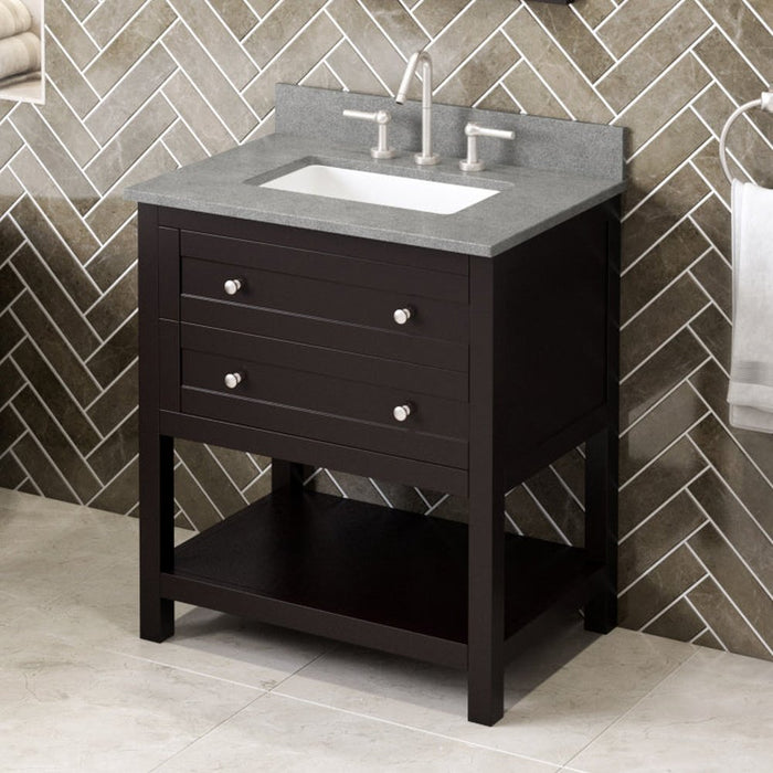 Jeffrey Alexander 30" Espresso Astoria Vanity, Steel Grey Cultured Marble Vanity Top, undermount rectangle bowl