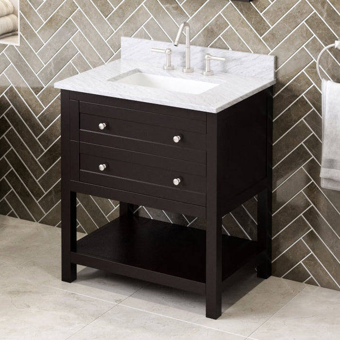 Jeffrey Alexander 30" Espresso Astoria Vanity, White Carrara Marble Vanity Top, undermount rectangle bowl