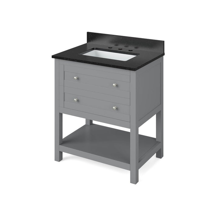 Jeffrey Alexander 30" Grey Astoria Vanity, Black Granite Vanity Top, undermount rectangle bowl