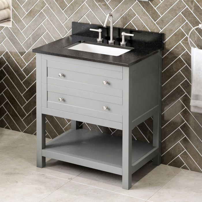 Jeffrey Alexander 30" Grey Astoria Vanity, Black Granite Vanity Top, undermount rectangle bowl