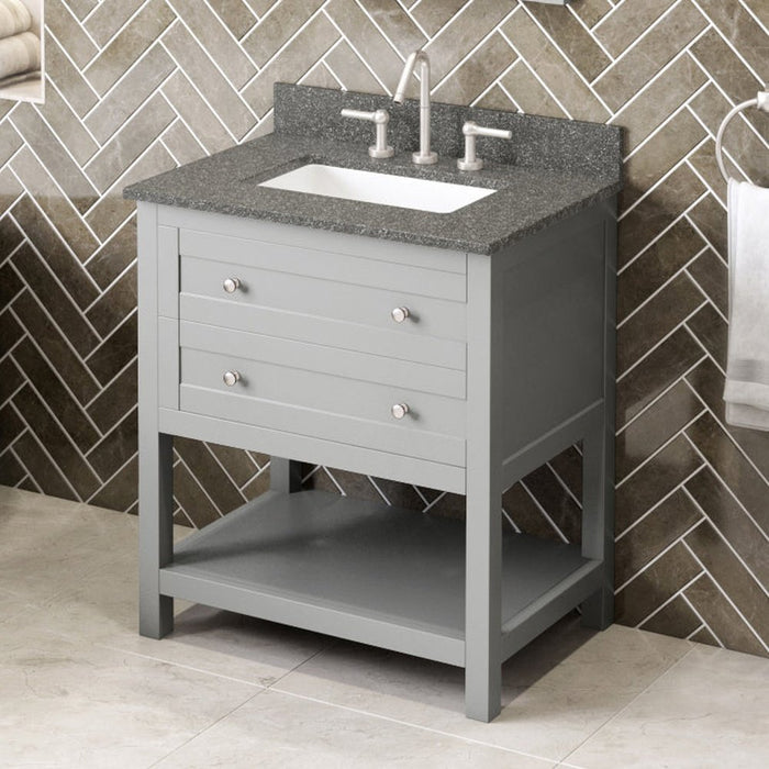 Jeffrey Alexander 30" Grey Astoria Vanity, Boulder Cultured Marble Vanity Top, undermount rectangle bowl